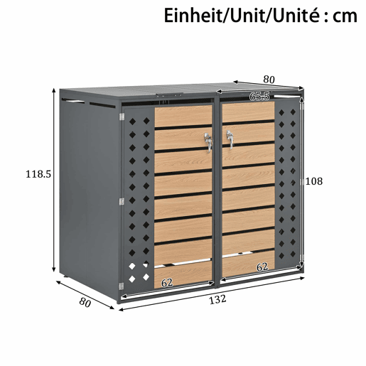 Caixa para lixo 132x80x118 cm - Com tampa rebatível, compartimentos de armazenamento, fechadura, quatro portas, painel da porta com design em diamante - Cinza, Madeira