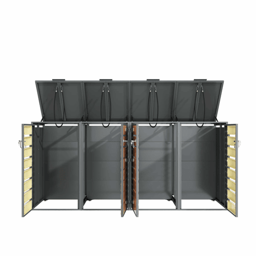 Caixa para lixo 132x80x118 cm - Com tampa rebatível, compartimentos de armazenamento, fechadura, quatro portas, painel da porta com design em diamante - Cinza, Madeira