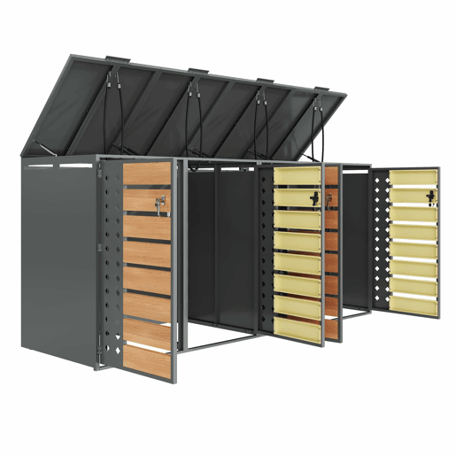 Caixa para lixo 132x80x118 cm - Com tampa rebatível, compartimentos de armazenamento, fechadura, quatro portas, painel da porta com design em diamante - Cinza, Madeira