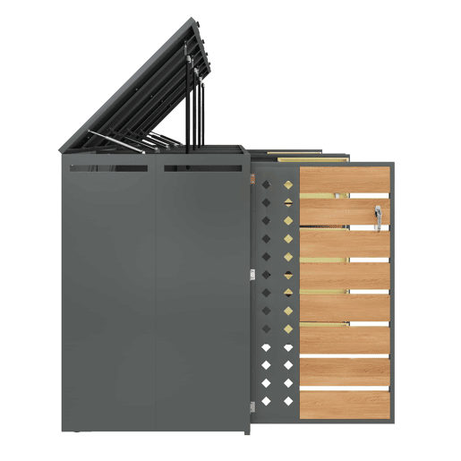 Caixa para lixo 132x80x118 cm - Com tampa rebatível, compartimentos de armazenamento, fechadura, quatro portas, painel da porta com design em diamante - Cinza, Madeira