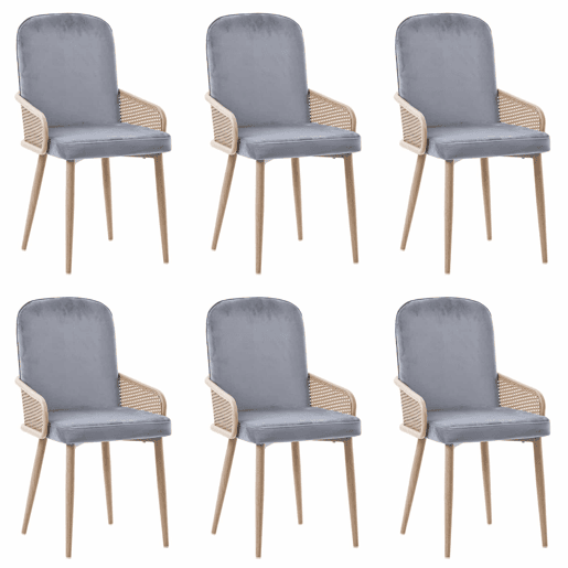 Conjunto de 6 cadeiras de veludo com braços de rotim - 4 pés de metal natural - Cinzento