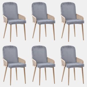 Conjunto de 6 cadeiras de veludo com braços de rotim - 4 pés de metal natural - Cinzento