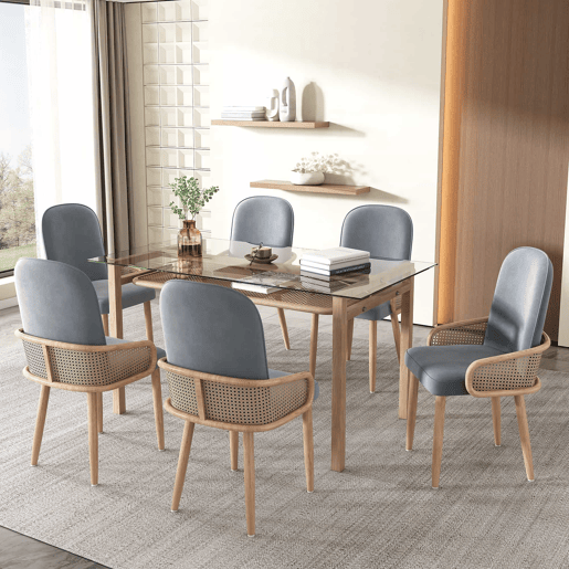 Conjunto de 6 cadeiras de veludo com braços de rotim - 4 pés de metal natural - Cinzento