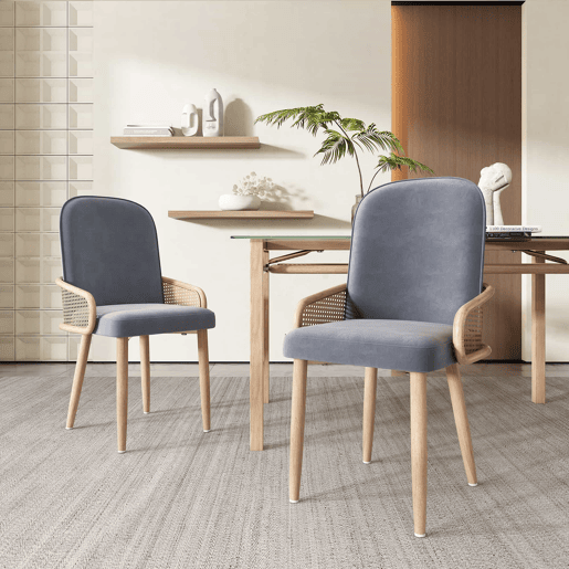 Conjunto de 6 cadeiras de veludo com braços de rotim - 4 pés de metal natural - Cinzento