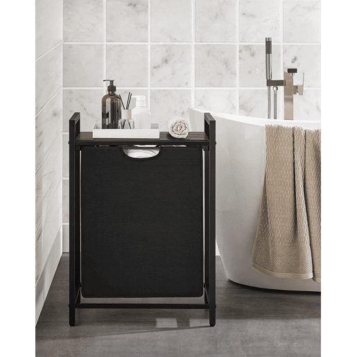 PRATELEIRA DE CASA DE BANHO com cesto de roupa suja, castanhopreto