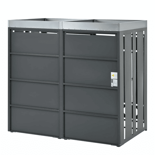 Caixa de lixo - Compartimentos de armazenamento - Fechável, Duas portas, Área de plantação, Painel da porta com veios verticais de madeira, Rodapé oco em forma de diamante - Cinza, Madeira
