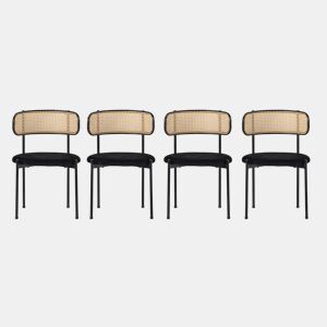 Conjunto de 4 cadeiras de veludo e rotim - pernas de metal - Preto