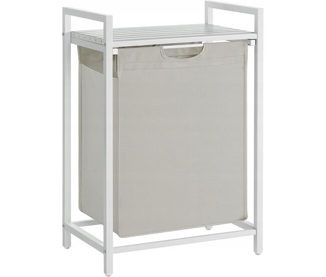 Estantería del baño con cesta de la ropa sucia, blanca