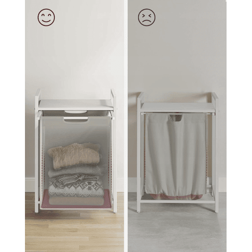 PRATELEIRA DE CASA DE BANHO com cesto de roupa suja, branca