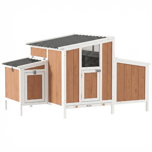 PawHut Galinheiro de Madeira Galinheiro de Exterior para 2-4 Galinhas com Casa Principal Ninho Bandeja Amovivel e Telhado Impermeável 145x90x92 cm Castanho Claro