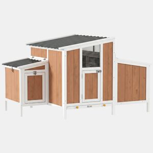 PawHut Galinheiro de Madeira Galinheiro de Exterior para 2-4 Galinhas com Casa Principal Ninho Bandeja Amovivel e Telhado Impermeável 145x90x92 cm Castanho Claro
