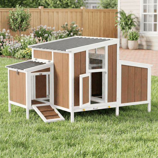 PawHut Galinheiro de Madeira Galinheiro de Exterior para 2-4 Galinhas com Casa Principal Ninho Bandeja Amovivel e Telhado Impermeável 145x90x92 cm Castanho Claro