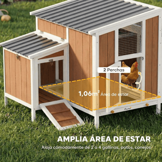 PawHut Galinheiro de Madeira Galinheiro de Exterior para 2-4 Galinhas com Casa Principal Ninho Bandeja Amovivel e Telhado Impermeável 145x90x92 cm Castanho Claro