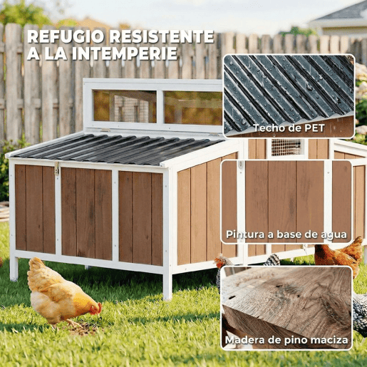 PawHut Galinheiro de Madeira Galinheiro de Exterior para 2-4 Galinhas com Casa Principal Ninho Bandeja Amovivel e Telhado Impermeável 145x90x92 cm Castanho Claro