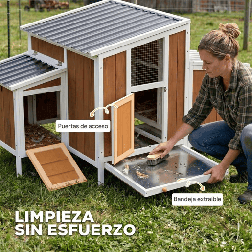 PawHut Galinheiro de Madeira Galinheiro de Exterior para 2-4 Galinhas com Casa Principal Ninho Bandeja Amovivel e Telhado Impermeável 145x90x92 cm Castanho Claro