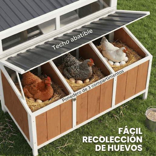 PawHut Galinheiro de Madeira Galinheiro de Exterior para 2-4 Galinhas com Casa Principal Ninho Bandeja Amovivel e Telhado Impermeável 145x90x92 cm Castanho Claro
