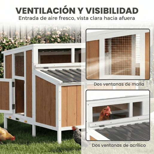 PawHut Galinheiro de Madeira Galinheiro de Exterior para 2-4 Galinhas com Casa Principal Ninho Bandeja Amovivel e Telhado Impermeável 145x90x92 cm Castanho Claro