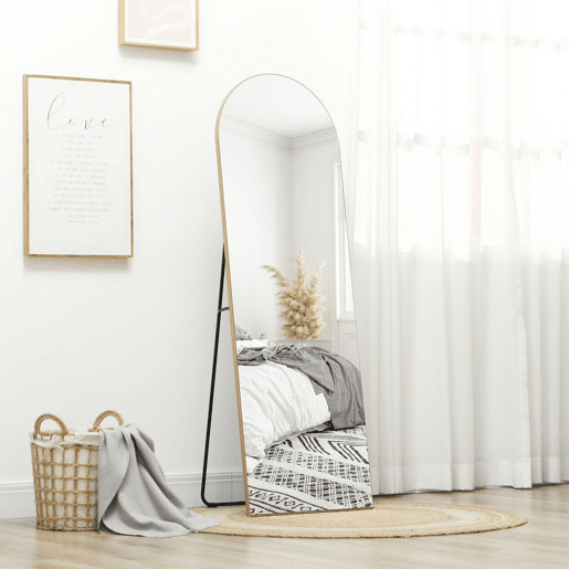 HOMCOM Espelho de Corpo Inteiro 150x50 cm Espelho de Pé Arqueado Sem Moldura Independente Apoiável e de Parede para Quarto Sala Dourado