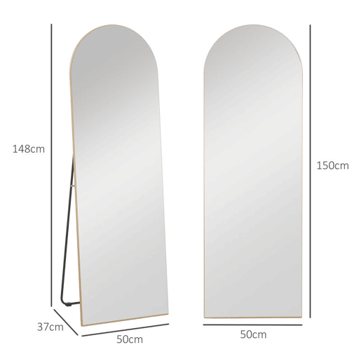 HOMCOM Espelho de Corpo Inteiro 150x50 cm Espelho de Pé Arqueado Sem Moldura Independente Apoiável e de Parede para Quarto Sala Dourado