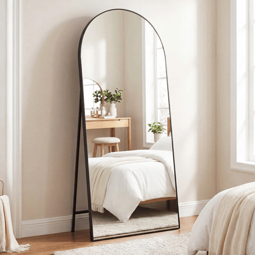 HOMCOM Espelho de Corpo Inteiro 180x80 cm Espelho de Pé Arqueado Moldura de Alumínio Preto Independente Apoiado e de Parede para Quarto Sala de Estar Preto