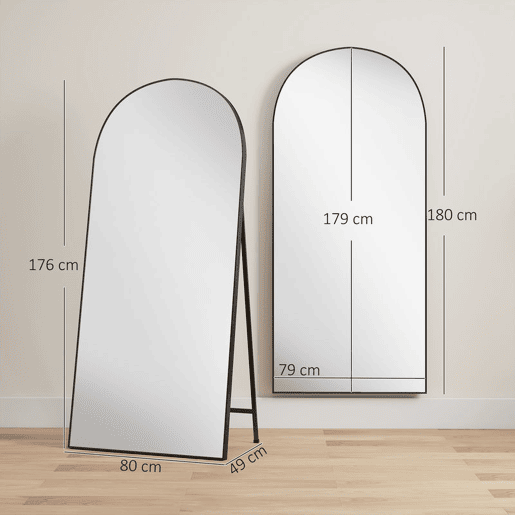 HOMCOM Espelho de Corpo Inteiro 180x80 cm Espelho de Pé Arqueado Moldura de Alumínio Preto Independente Apoiado e de Parede para Quarto Sala de Estar Preto