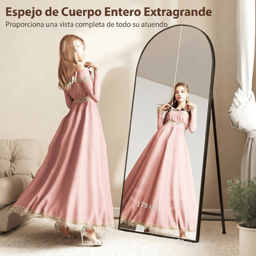 HOMCOM Espelho de Corpo Inteiro 180x80 cm Espelho de Pé Arqueado Moldura de Alumínio Preto Independente Apoiado e de Parede para Quarto Sala de Estar Preto