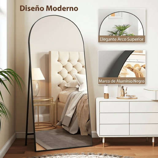 HOMCOM Espelho de Corpo Inteiro 180x80 cm Espelho de Pé Arqueado Moldura de Alumínio Preto Independente Apoiado e de Parede para Quarto Sala de Estar Preto