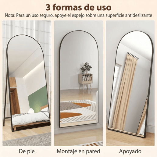 HOMCOM Espelho de Corpo Inteiro 180x80 cm Espelho de Pé Arqueado Moldura de Alumínio Preto Independente Apoiado e de Parede para Quarto Sala de Estar Preto