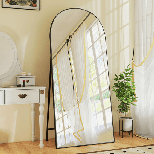 HOMCOM Espelho de Corpo Inteiro 180x80 cm Espelho de Pé Arqueado Moldura de Alumínio Preto Independente Apoiado e de Parede para Quarto Sala de Estar Preto