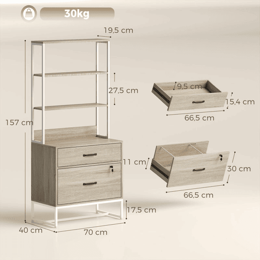 HOMCOM Arquivador com Prateleiras Móvel de Escritório com Prateleiras Gaveta para Arquivos A4 e Carta e Suporte para Impressora Estante Vertical para Escritório 70x40x157 cm Carvalho