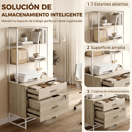 HOMCOM Arquivador com Prateleiras Móvel de Escritório com Prateleiras Gaveta para Arquivos A4 e Carta e Suporte para Impressora Estante Vertical para Escritório 70x40x157 cm Carvalho