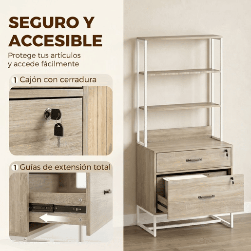 HOMCOM Arquivador com Prateleiras Móvel de Escritório com Prateleiras Gaveta para Arquivos A4 e Carta e Suporte para Impressora Estante Vertical para Escritório 70x40x157 cm Carvalho