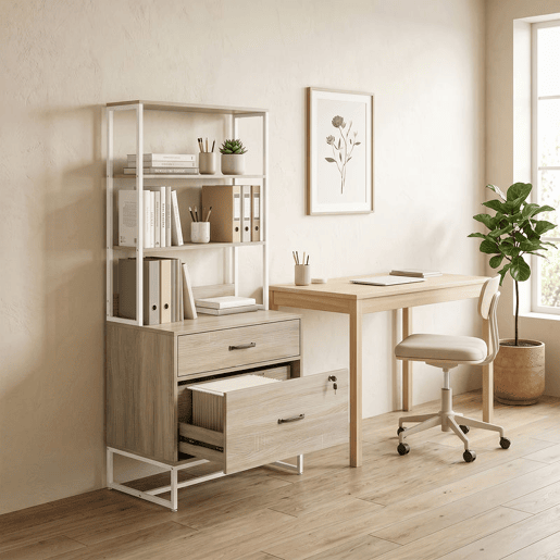 HOMCOM Arquivador com Prateleiras Móvel de Escritório com Prateleiras Gaveta para Arquivos A4 e Carta e Suporte para Impressora Estante Vertical para Escritório 70x40x157 cm Carvalho
