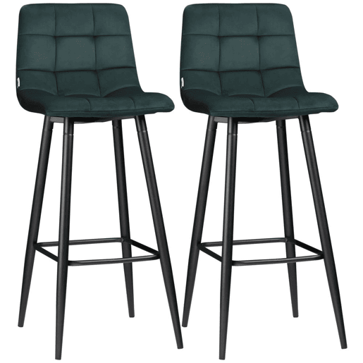 HOMCOM Conjunto de 2 Bancos Altos de Cozinha Bancos de Bar Estofados em Veludo com Apoio para os Pés e Encosto Estrutura de Aço para Sala de Jantar ou Balcão Verde