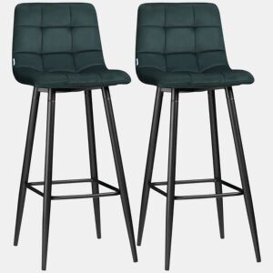 HOMCOM Conjunto de 2 Bancos Altos de Cozinha Bancos de Bar Estofados em Veludo com Apoio para os Pés e Encosto Estrutura de Aço para Sala de Jantar ou Balcão Verde