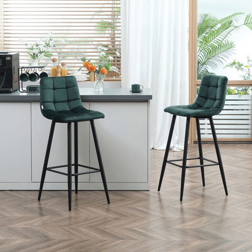 HOMCOM Conjunto de 2 Bancos Altos de Cozinha Bancos de Bar Estofados em Veludo com Apoio para os Pés e Encosto Estrutura de Aço para Sala de Jantar ou Balcão Verde