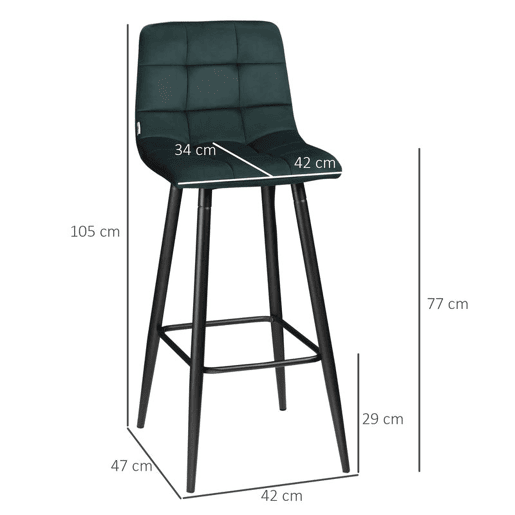 HOMCOM Conjunto de 2 Bancos Altos de Cozinha Bancos de Bar Estofados em Veludo com Apoio para os Pés e Encosto Estrutura de Aço para Sala de Jantar ou Balcão Verde