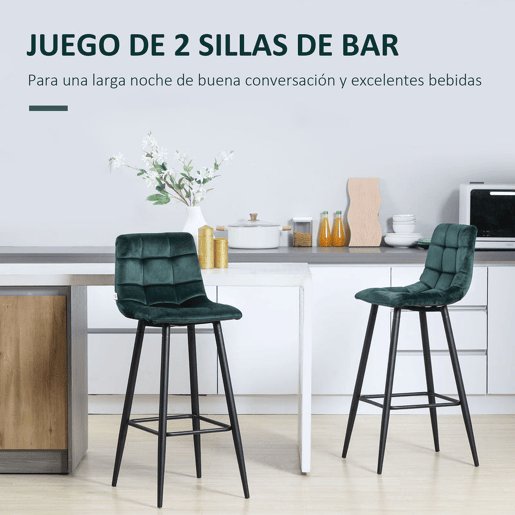 HOMCOM Conjunto de 2 Bancos Altos de Cozinha Bancos de Bar Estofados em Veludo com Apoio para os Pés e Encosto Estrutura de Aço para Sala de Jantar ou Balcão Verde