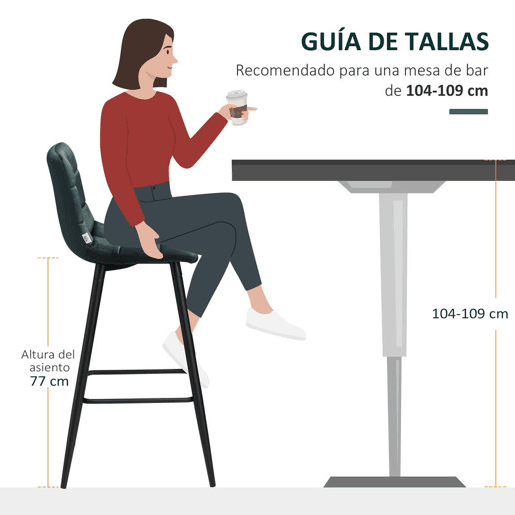 HOMCOM Conjunto de 2 Bancos Altos de Cozinha Bancos de Bar Estofados em Veludo com Apoio para os Pés e Encosto Estrutura de Aço para Sala de Jantar ou Balcão Verde