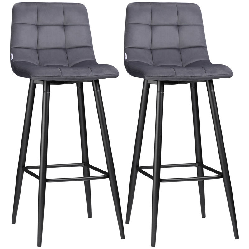 Homcom juego de 2 taburetes altos de cocina, taburetes de bar tapizados en terciopelo, con reposapiés y respaldo, estructura de acero, para comedor,