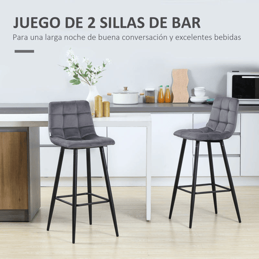 HOMCOM Conjunto de 2 Bancos Altos de Cozinha, Bancos de Bar Estofados em Veludo, com Apoio para os Pés e Encosto, Estrutura de Aço, para Sala de Jantar, Balcão, Cinzento