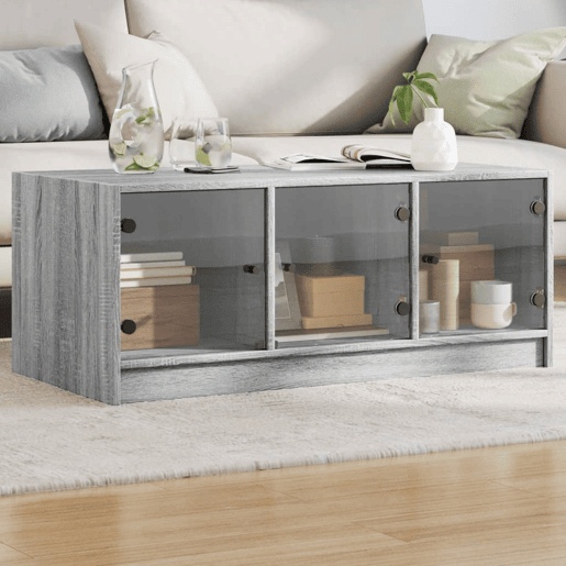 Mesa de Centro, Mesa baixa, c portas de vidro 102x50x42 cm cinza sonoma