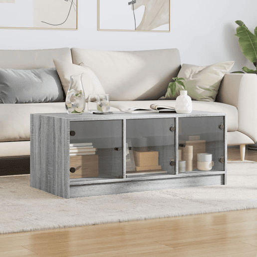 Mesa de Centro, Mesa baixa, c portas de vidro 102x50x42 cm cinza sonoma
