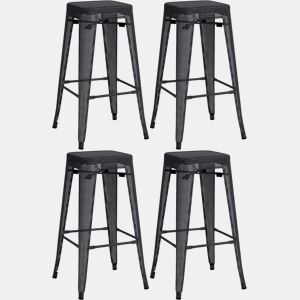 Conjunto de 4 banquetas de bar empilháveis u200Bu200Bem estilo industrial com apoio para os pés em metal perfurado preto 10_0004509