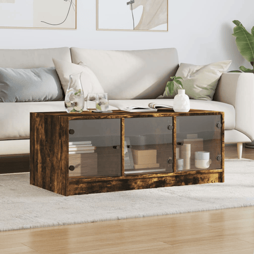 Mesa de Centro, Mesa baixa, c portas de vidro 102x50x42 cm carvalho fumado