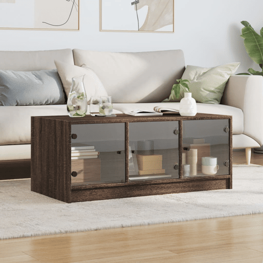 Mesa de Centro, Mesa baixa, c portas de vidro 102x50x42cm carvalho castanho