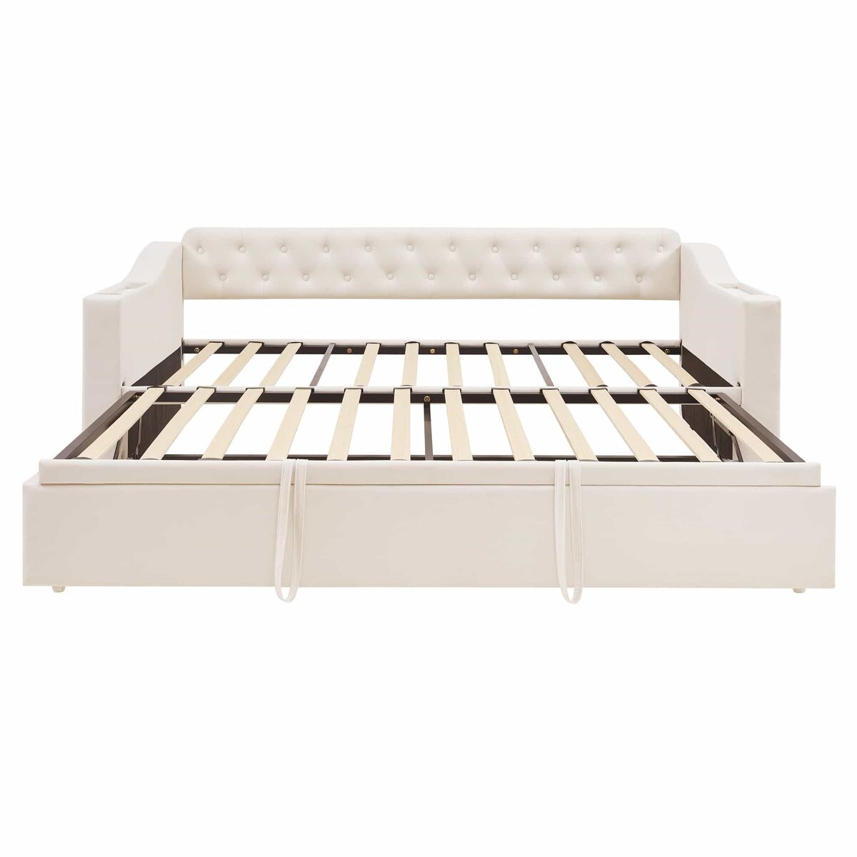 Cama nido 90/180x190 cm - con enchufes y compartimento de almacenaje - tejido terciopelo - beige