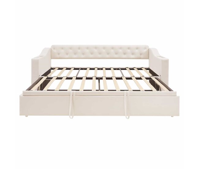 Cama nido 90/180x190 cm - con enchufes y compartimento de almacenaje - tejido terciopelo - beige