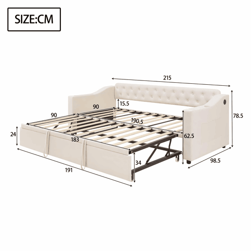 Cama com gavetão 90180x190 cm - com tomadas e compartimento para arrumação - tecido aveludado - Bege