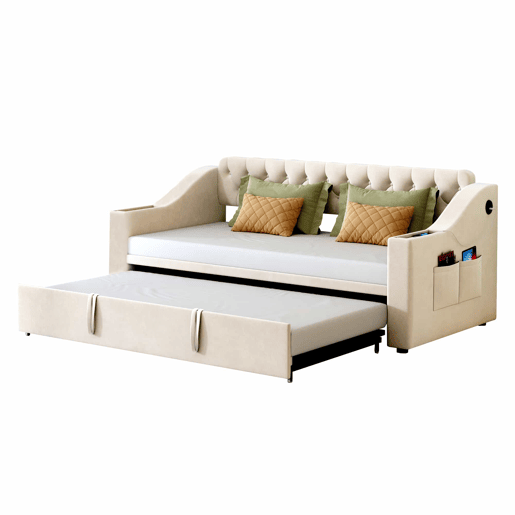 Cama com gavetão 90180x190 cm - com tomadas e compartimento para arrumação - tecido aveludado - Bege